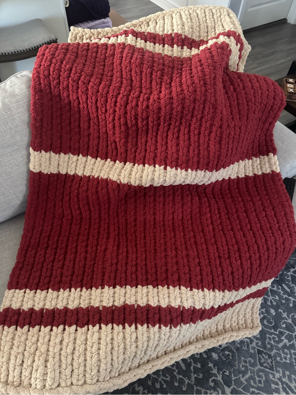 Cozy Crimson and Cream Chunky Knit Throw Blanket